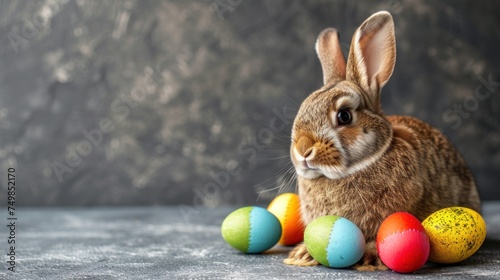 a rabbit sitting in front of a row of colorful easter eggs on a gray surface with a black wall in the background. © Olga