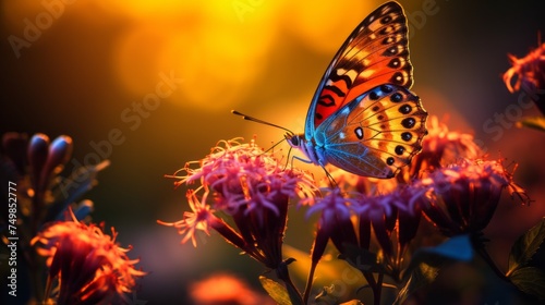 Close-up of a beautiful butterfly on flowers in a field at a soft sunset. Nature, Landscape, Golden Hour, Summer, Animals, Insects, Wildlife concepts. Horizontal photo from the copy space.
