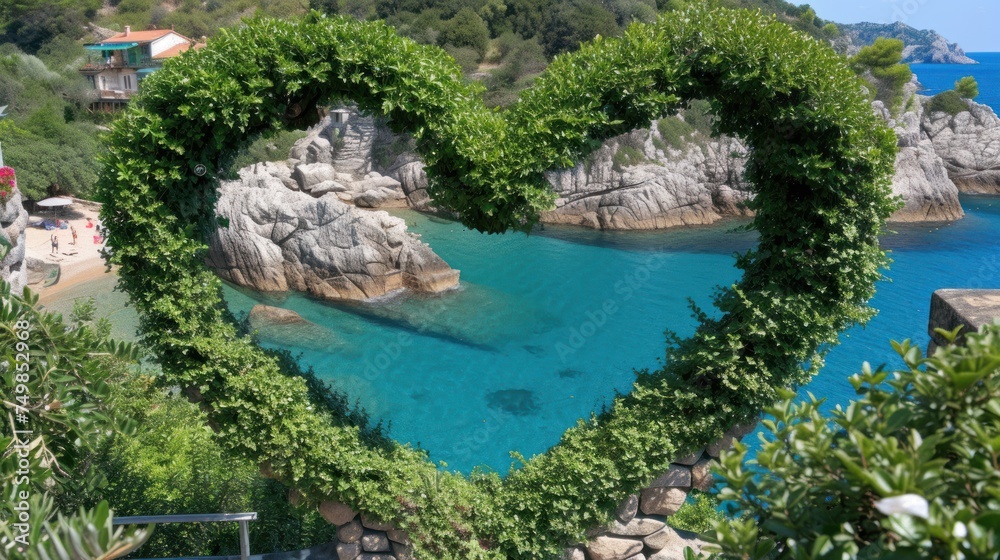 a heart - shaped picture of a body of water in the middle of a forested area with a house in the background.