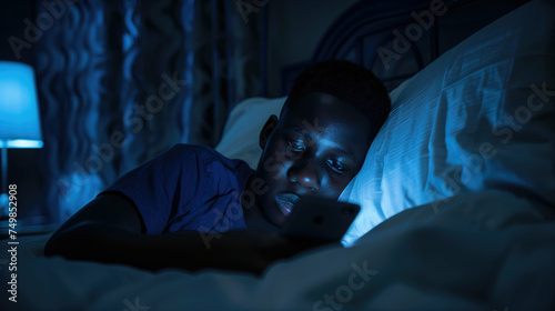Black teenager boy addicted to a phone lying in bed, insomnia, sad, bored in bed scrolling through social media networks at night. Generative AI.
