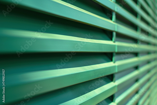 close up horizontal image of a green metallic fence background illuminated by sunlight. Generative AI