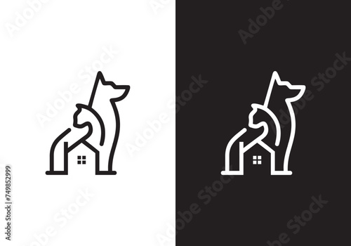 Cat and combination logo, home logo, home,dog and cat, pet, care, outline, line art, mono line logo, business, puppy, icon, logo