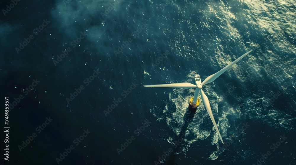 Naklejka premium Windmill park in the ocean aerial view with wind turbine, Renewable energy eco. 