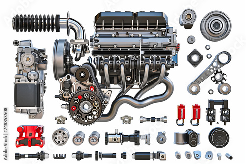 An AI generative image of car engine been dismantle and seperate on white background.