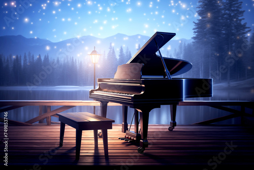 The grand piano on the wood pier in winter season with lake and snow mountains background at night time, the concept: a song about winter, music in winter