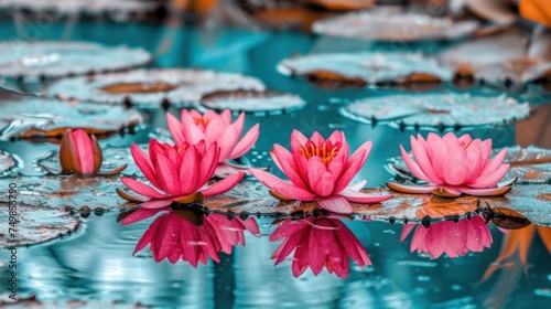 a group of pink water lilies floating on top of a body of water with lily pads in the foreground. photo