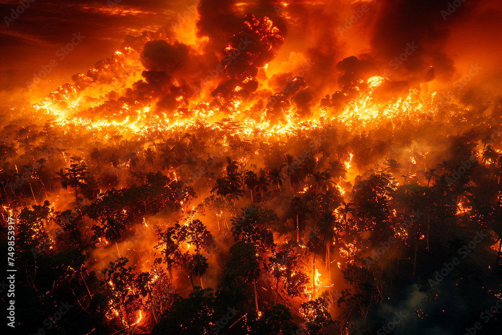 Raging wildfire consuming the dense tropical of a forest, with towering flames illuminating the night sky and billowing smoke darkening the horizon