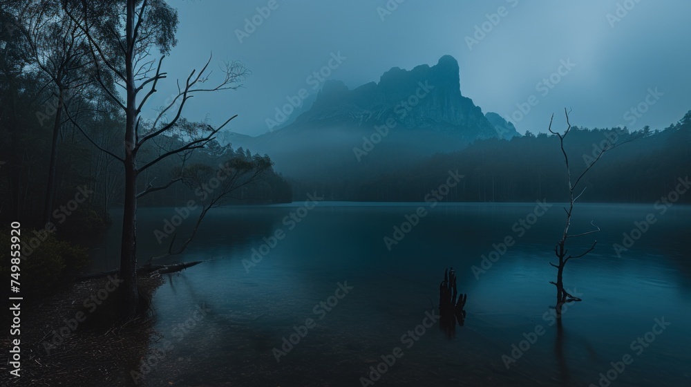 a body of water with trees in the foreground and a mountain in the distance with fog in the air.