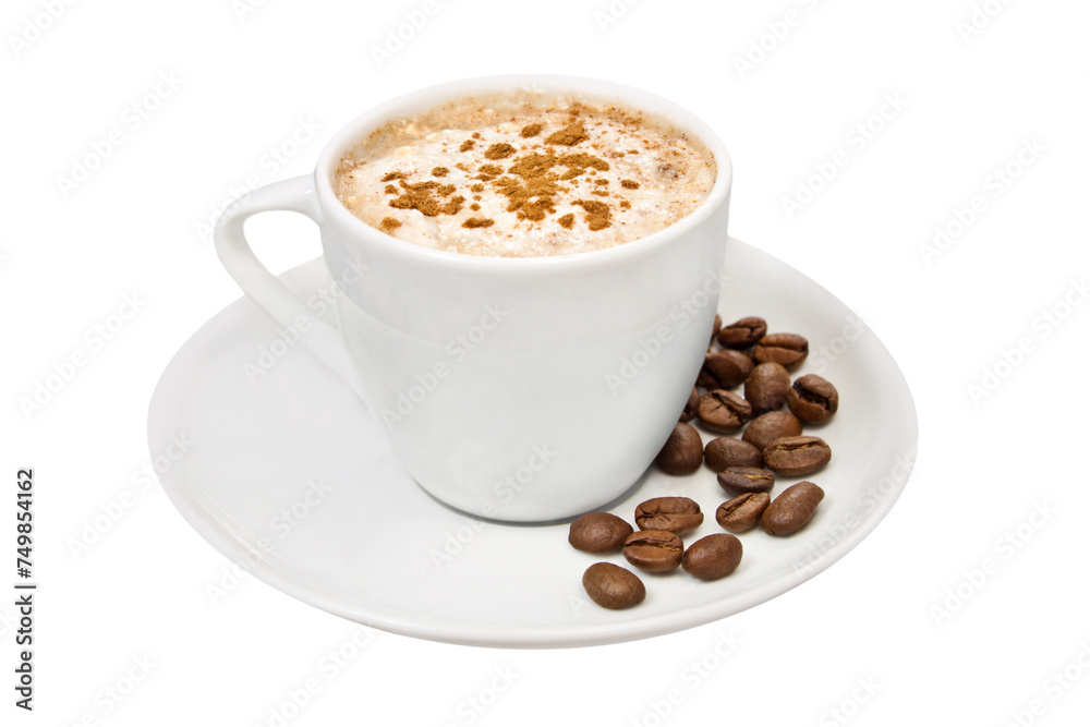 1 cup of coffee with beans isolated on white background 1 cup of coffee with beans isolated on white background