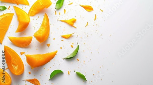 a close up of sliced oranges and green leaves on a white surface with drops of water on the surface. photo
