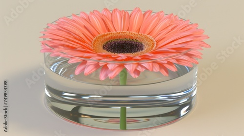 a pink flower in a glass vase with a reflection of the inside of the vase on the bottom of the vase. photo