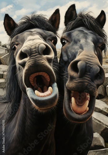 two black horses standing next to each other with their mouths open and their mouths open with their mouths wide open.