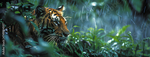 Photo of a tiger in the jungle under rain, panoramic landscape,