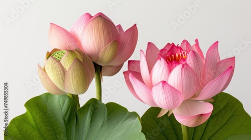 a couple of pink flowers sitting on top of a lush green leafy plant next to a large green leafy plant.