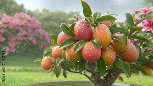 a tree filled with lots of fruit sitting on top of a lush green field next to a tree filled with lots of pink flowers.