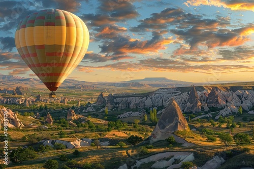 a balloon over the mountains at sunset.