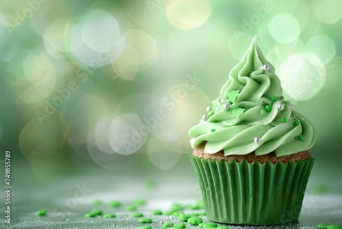 festive St. Patrick Day dessert, cupcake decorated with shamrock, coins, space for text