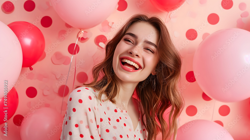 Young adult woman with red and pink air balloons laughing, on pink polka dots background. Happy holiday party. Joyful beauty having fun, celebrating Valentine's Day. Neural network generated image. Young adult woman with red and pink air balloons laughing, on pink polka dots background. Happy holiday party. Joyful beauty having fun, celebrating Valentine's Day. Neural network generated image.