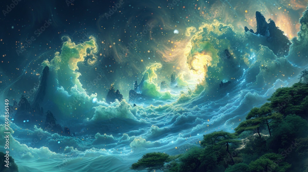 a painting of an ocean with a lot of clouds and a lot of stars in the sky above the water. a painting of an ocean with a lot of clouds and a lot of stars in the sky above the water.