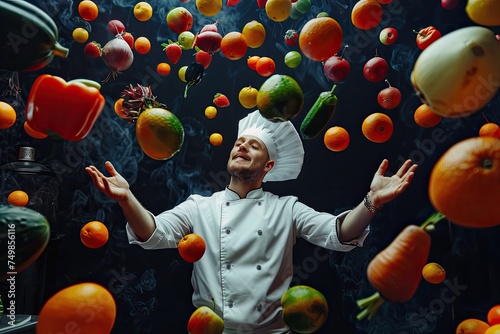Chef with flying variety of vegetables on a black background. photo