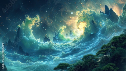a painting of an ocean with a lot of clouds and a lot of stars in the sky above the water.