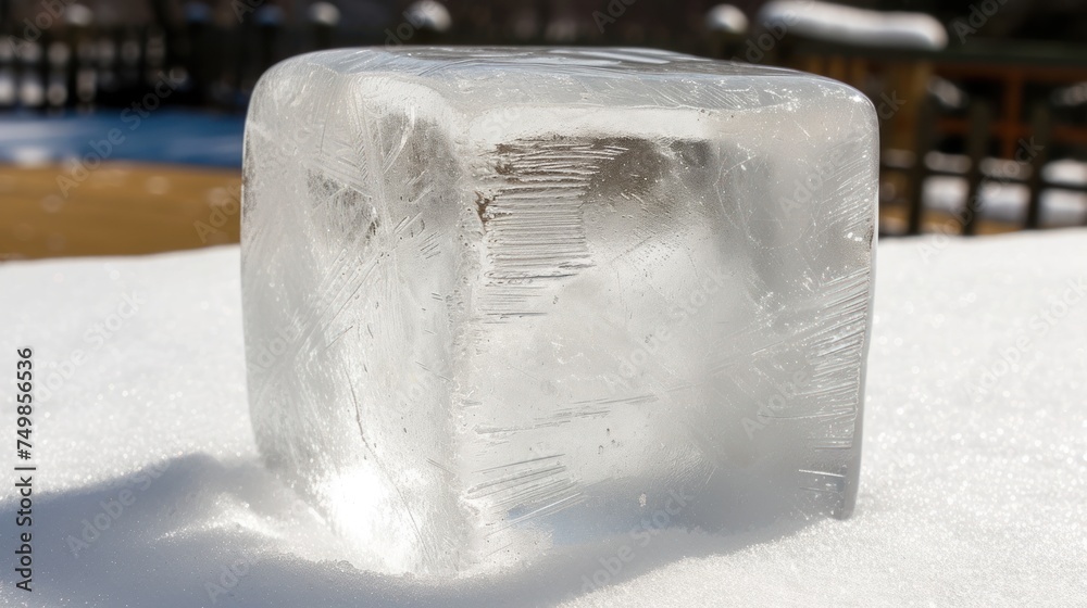 a block of ice sitting on top of a pile of snow next to a wooden table with a bench in the background. a block of ice sitting on top of a pile of snow next to a wooden table with a bench in the background.
