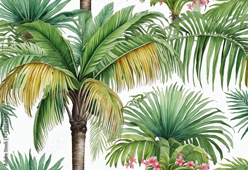 Green palm tree painted in watercolor and set against a white background. old fashioned banana and coconut trees tropical rainforest with flowers. 