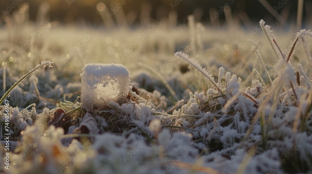 Obraz premium a close up of a frost covered field with grass and flowers in the foreground and the sun in the background.