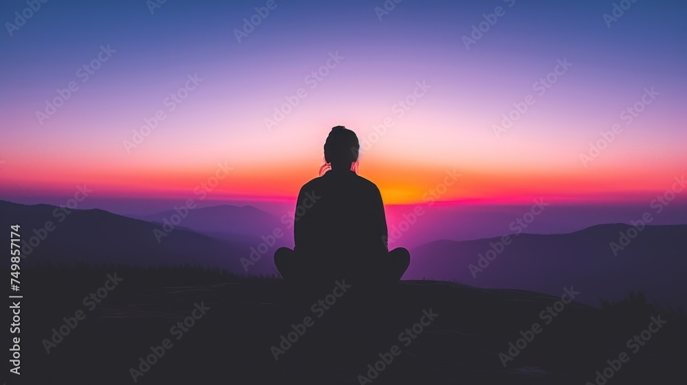 a person sitting on top of a hill with the sun setting in the sky behind them and mountains in the background.