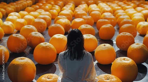 Press conference scene. Woman speaking on stage. On every seat sat a giant orange. A woman explains on stage with her back to the camera. The stage was filled with oranges. photo