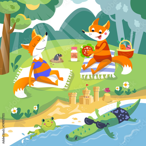 Cartoon foxes in swimming costume on beach in summer. Cute characters in flat style. Vector flat illustration on background. Scene for design.