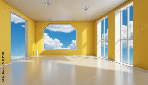 3d render  abstract background with corridor. Clouds flying inside the yellow room with blue window. Architectural showcase scene with empty pedestal for product presentation