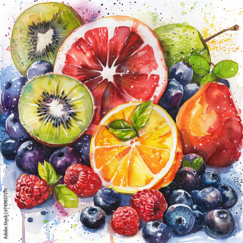 Bright and fresh watercolor pattern featuring citrus slices  kiwi  and berries  perfect for summery designs.