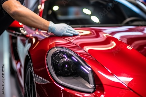 Professional unrecognizable Caucasian specialist male man guy worker master wrapping installing protective film vinyl foil new red sport car automobile transport paint protection indoors salon service © Yuliia