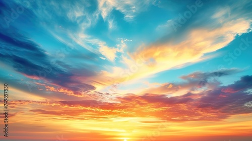 Bright, dramatic sky in orange and blue colors with a sunset background.
