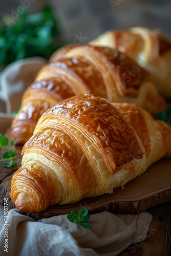 Close up of delicious croissants on a dark background. Homemade croissants. Vertical. © Sergie