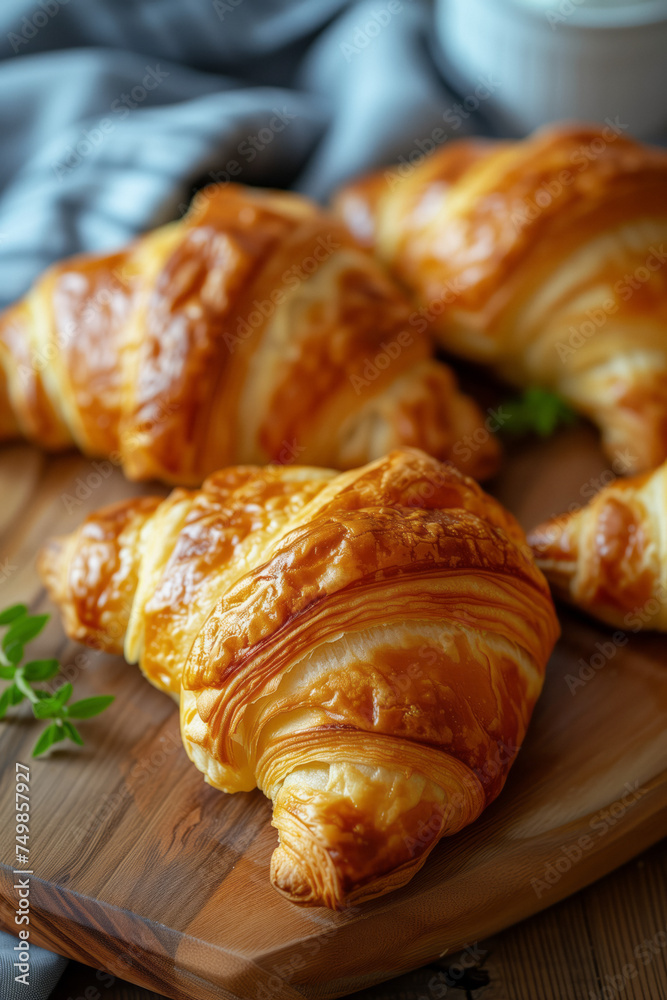 Close up of delicious croissants on a dark background. Homemade croissants. Vertical.