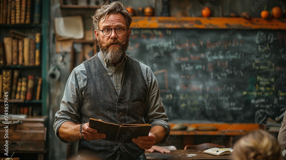 A bearded man is standing in a classroom holding a book - obrazy, fototapety, plakaty 