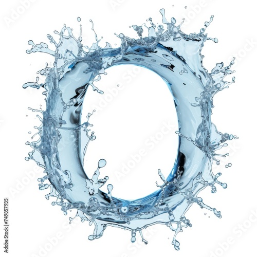 Latin letter O, texture of water, ice and splashes on white background. Close-up of one isolated large letter O. Template for labeling, children's pictures, font design. 3D rendering illustration.