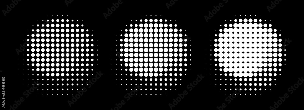 Set of white halftone dots curved gradient pattern textures isolated on white background. Curve dotted spots using halftone circle dot raster texture collection. Vector blot half tone collection.