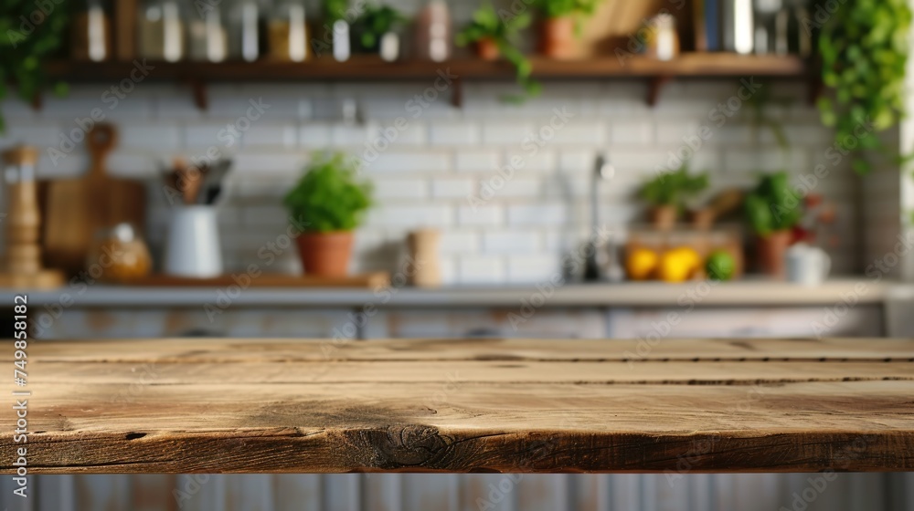 Defocused kitchen background with a wooden tabletop.