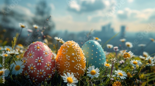 An Easter egg decorated with flowers is on a blue sky background with colorful Easter eggs