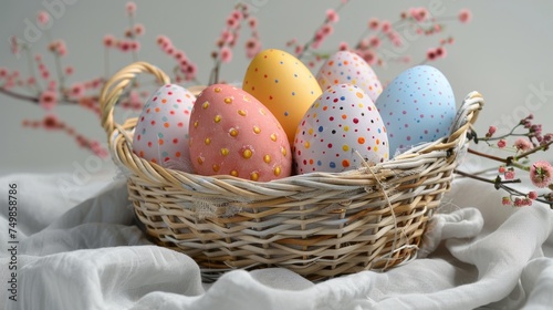 A white background with a basket of easter eggs