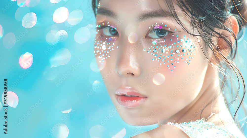 Close-up portrait of asian young woman with sparkles on her face. Fashion decor with rhinestones in at face. Spring beauty concept
