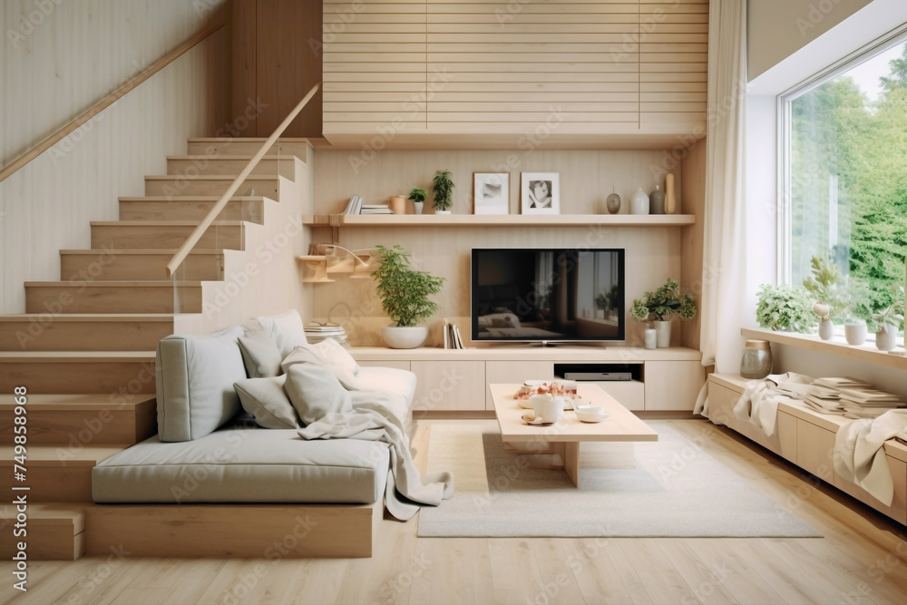 Comfortable Scandinavian design with beige stairs and a cozy TV area bathed in natural light.
