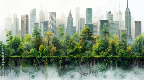 Concept of green city with cut leaves over white background