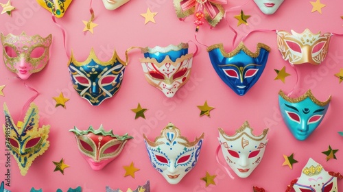 Abstract Purim Celebration. A playful and artistic composition of colorful masks and Judaica on a soft pink background, conveying the abstract joy of Purim.