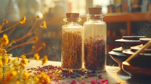 Sun-kissed glass jars filled with dried medicinal herbs on a wooden surface, evoking a sense of natural healing and wellness.