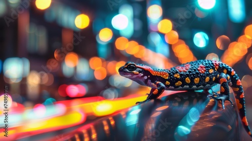 A salamander traverses the city under the Southern Lights a living metaphor for the resilience in cybersecurity and programming languages captured through the lens of street photography