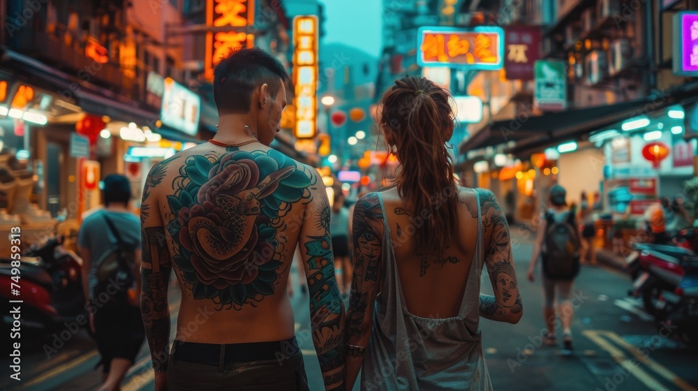 Edgy Tattoo Culture. Young couple walking hand in hand through a bustling city street